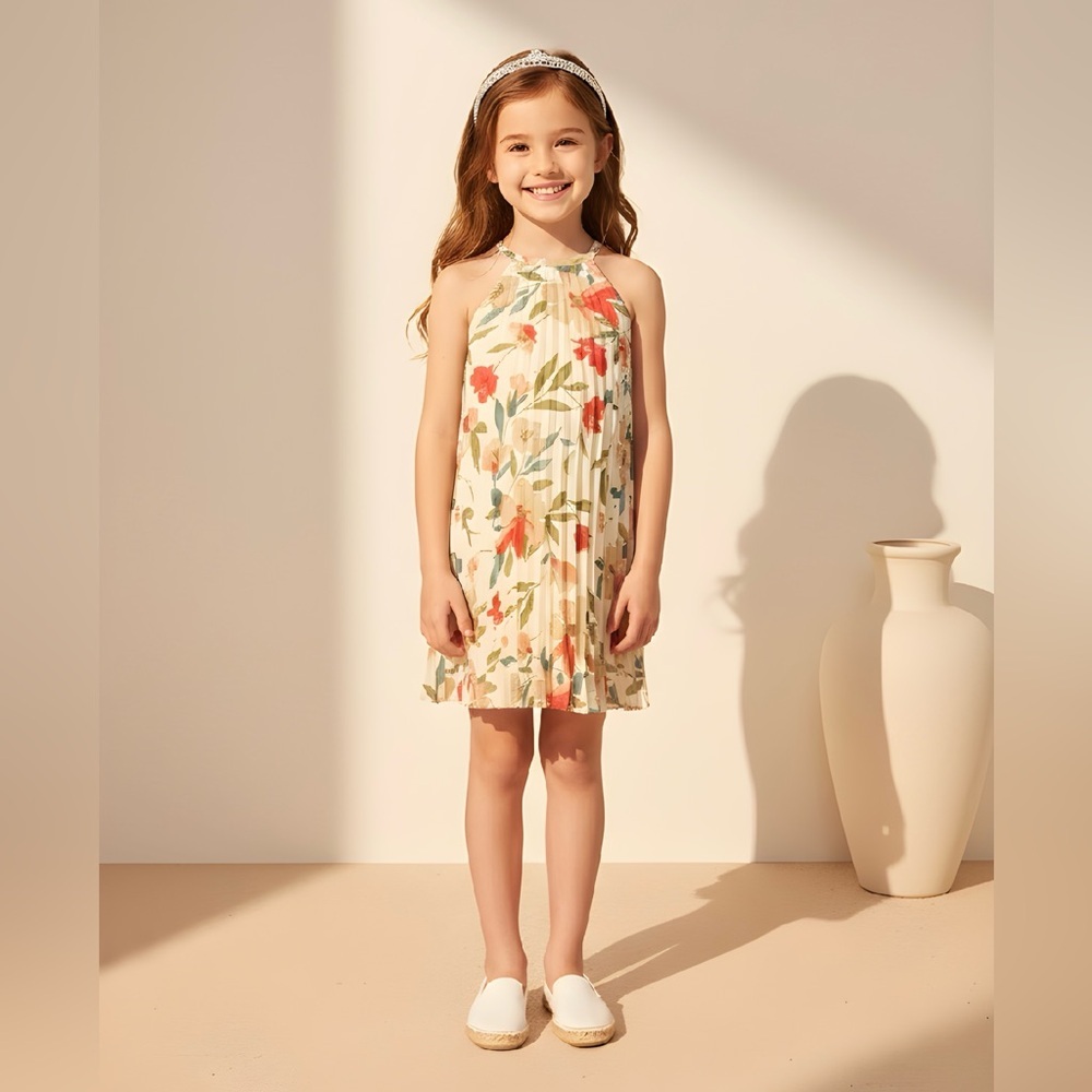 EUC Peyton Bre (GIRL’S) SZ 12 cream/green/red pleated floral dress/bust 32” flat